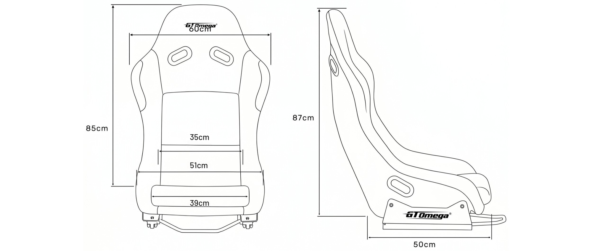 CHASE V2 Bucket Seat dimensions